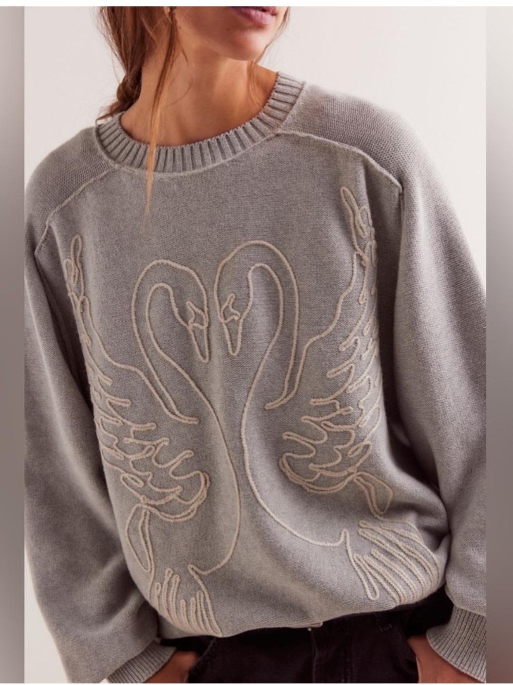 Free People We The Free Embroidered Swan Graphic Crewneck Sweater - XS - Gray
